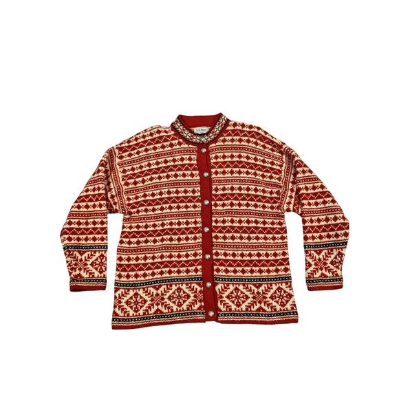 L.l.bean womens large vintage wool button down cardigan sweater Nordic holiday - Picture 1 of 8